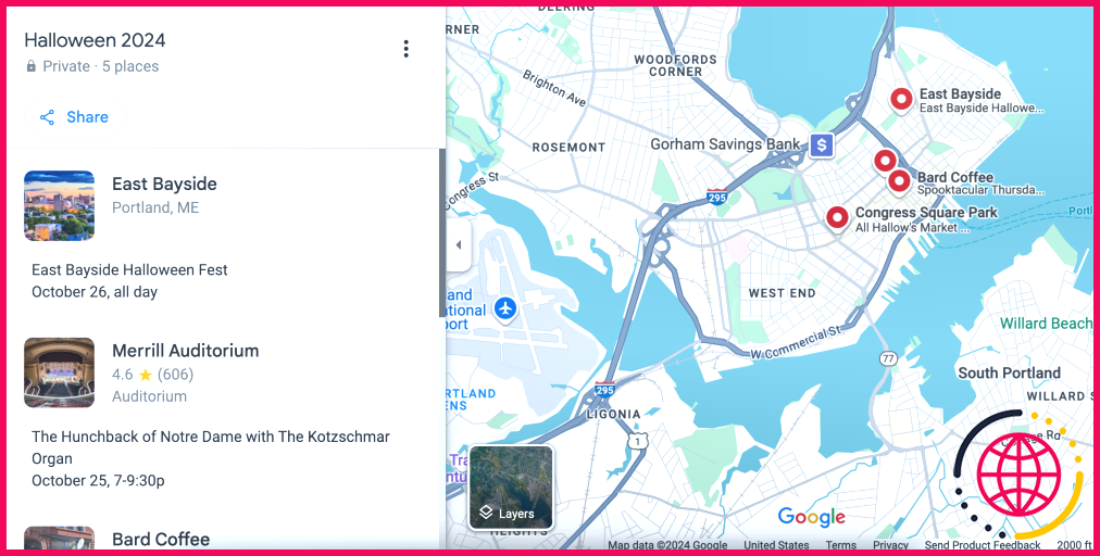 A custom list of locations tagged on Google Maps in Portland, Maine, called "Halloween 2024"