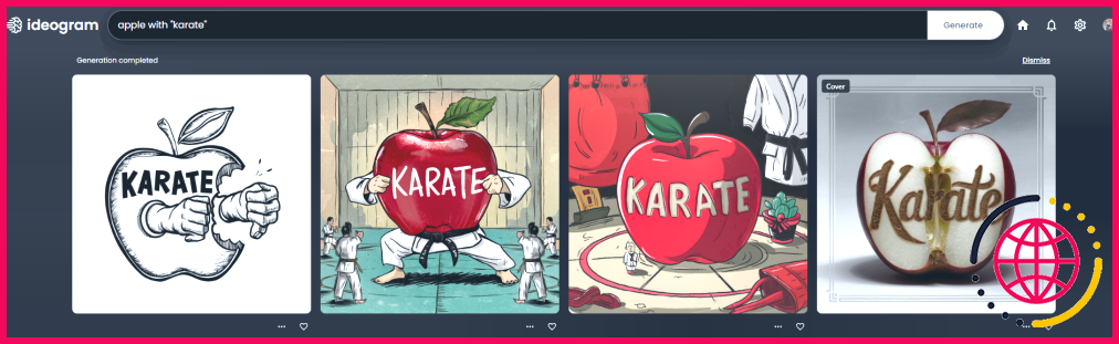 Prompt "apple with karate in quotes" on Ideogram