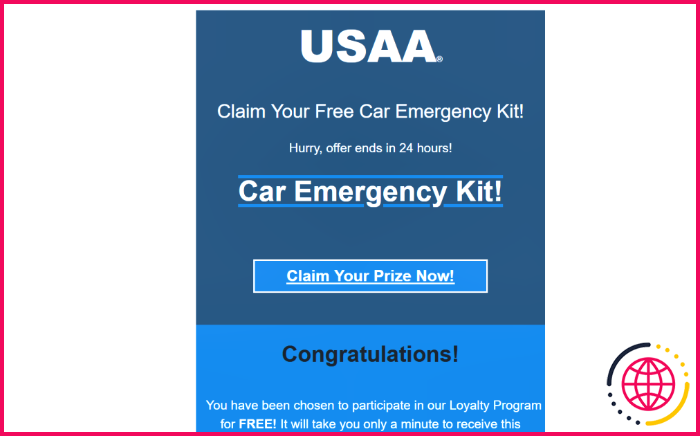 A banner ad rom a scam email claiming a user has won a "Free Car Emergency Kit" from USAA