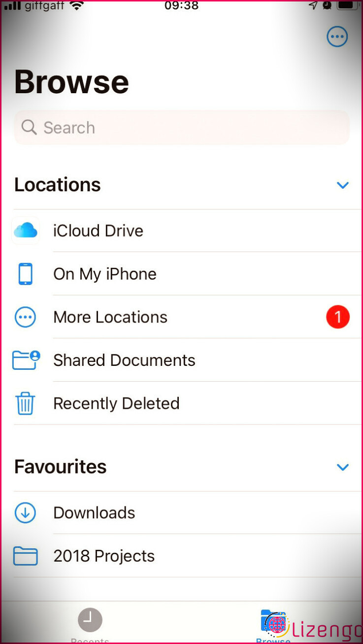 Application de fichiers sur iPhone affichant l'emplacement d'iCloud Drive