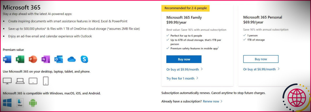 capture d'écran des avantages de Microsoft 365 depuis la page d'abonnement