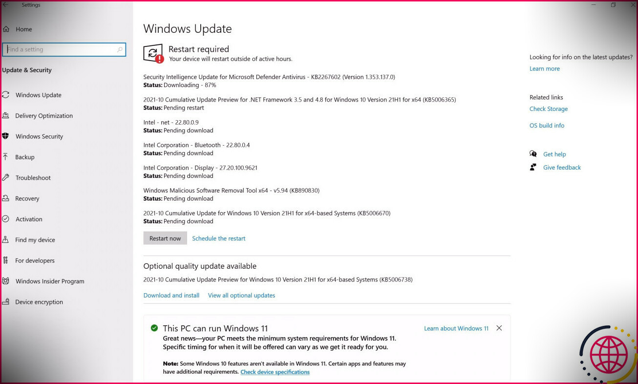 Page des paramètres de mise à jour de Windows 10.