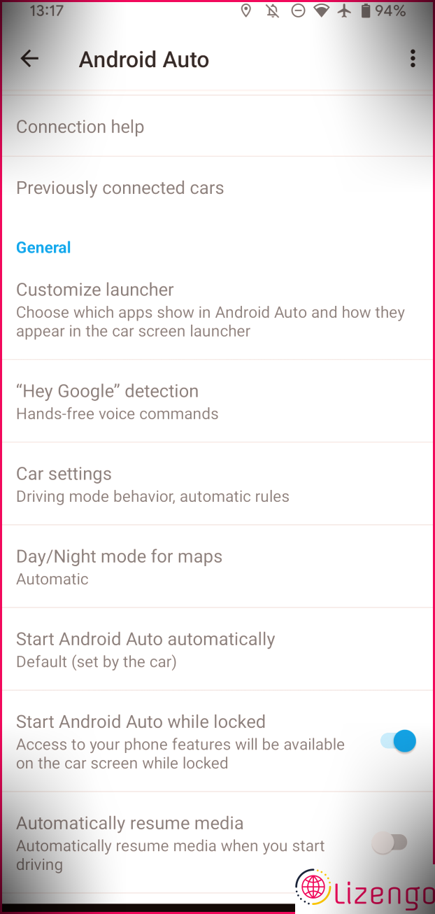 Paramètres Android Auto Haut