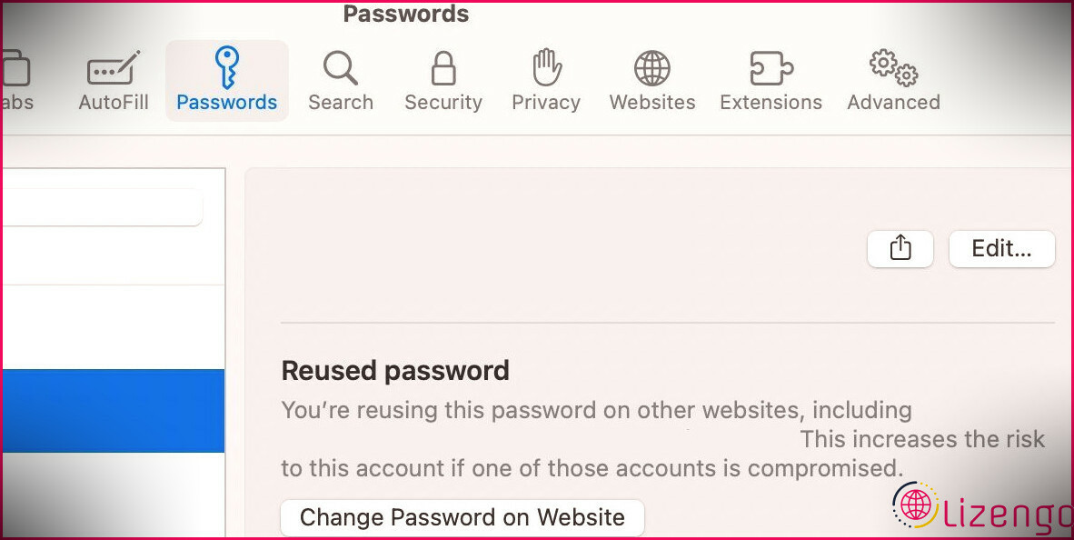 Préférences de mot de passe Safari affichant une alerte de mot de passe réutilisé.