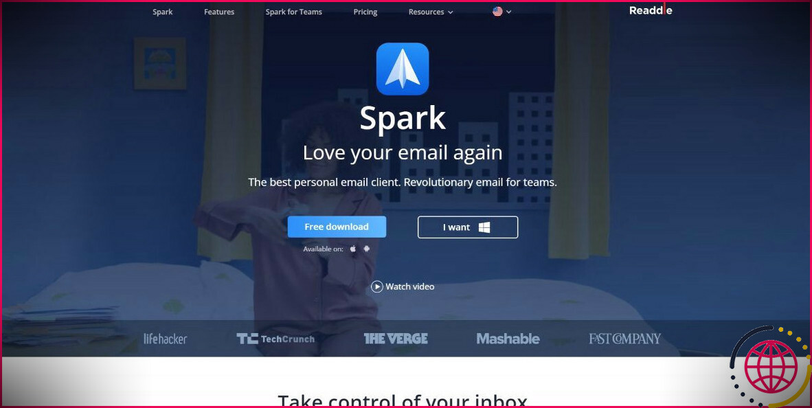 Un visuel montrant le site web de Spark email