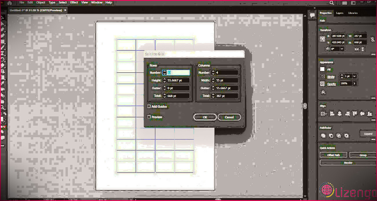 Utilisation de la division en grilles pour créer un tableau dans Adobe Illustrator.