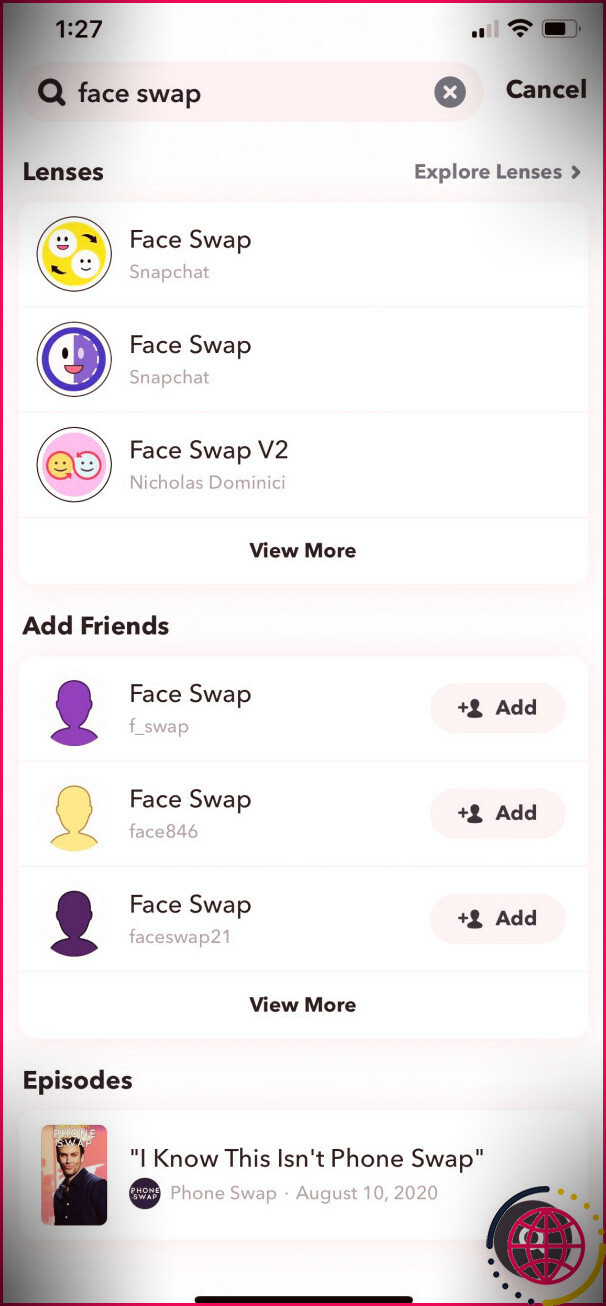 Échange de visage de recherche Snapchat.