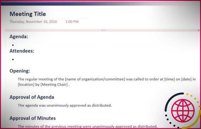Procès-verbal de réunion formelle OneNote 2016