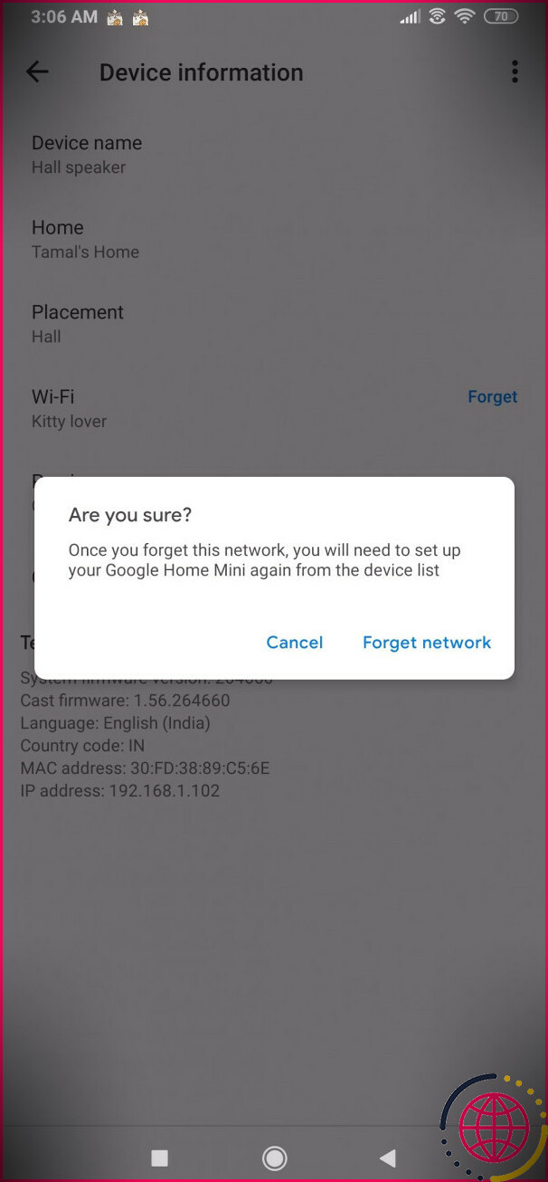 Une image montrant l'oubli du réseau de Google Home Mini