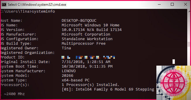 Commande Systeminfo telle qu'elle apparaît sur Windows 10.