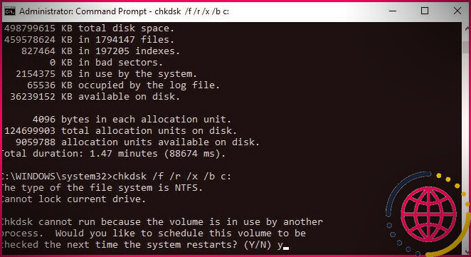 Exécution d'une commande chkdsk pour lancer une analyse sous Windows 10.