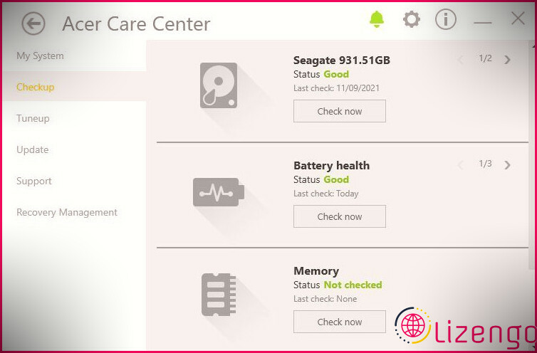 Acer Care Center montrant une bonne santé de la batterie