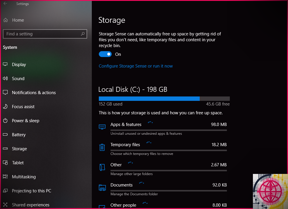 Activer Storage Sense dans les paramètres Windows