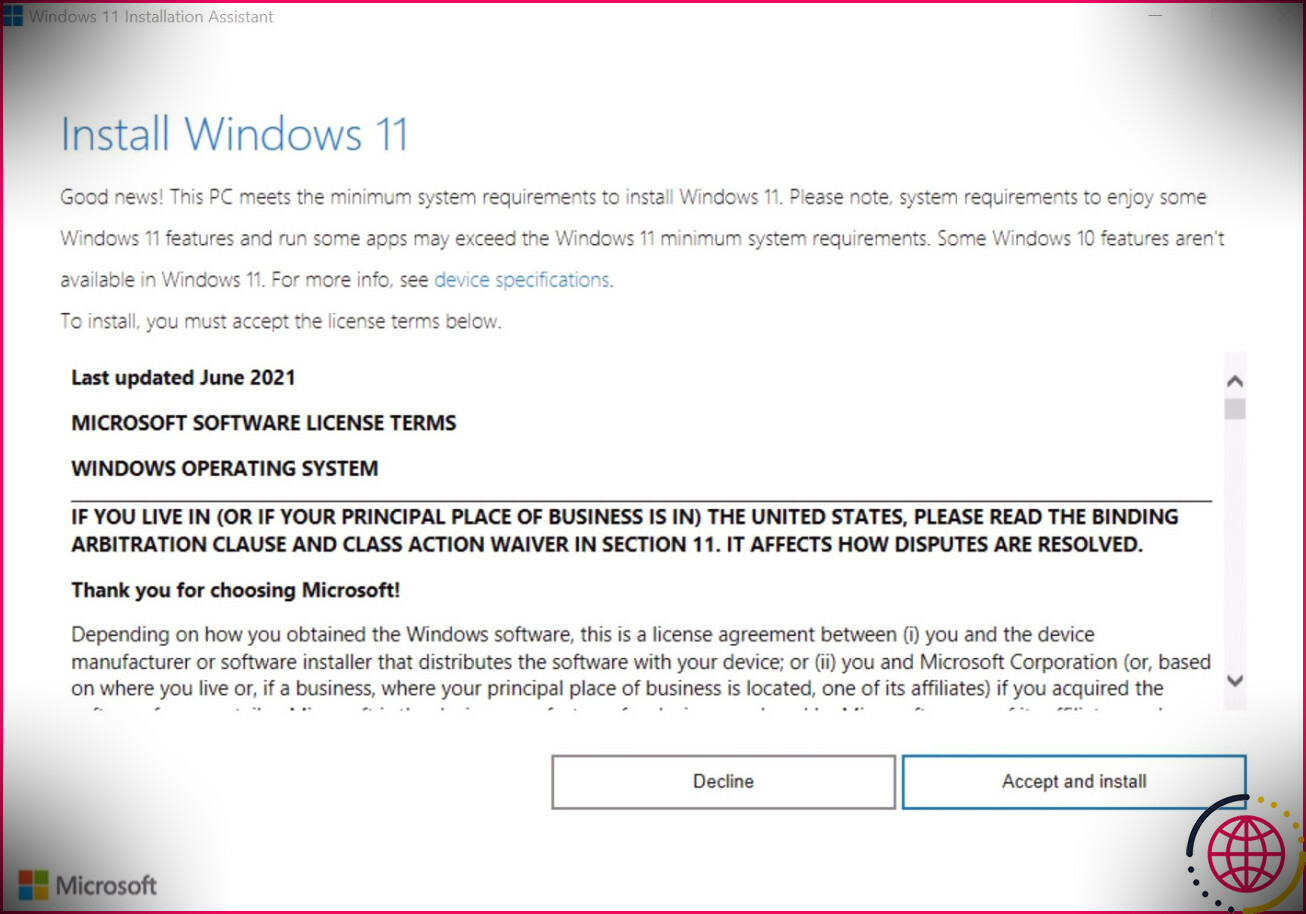 Assistant d'installation de Windows 11.