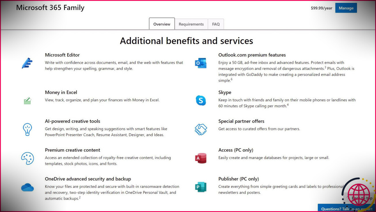 capture d'écran des avantages et services supplémentaires pour Microsoft 365 sur le site Web de Microsoft