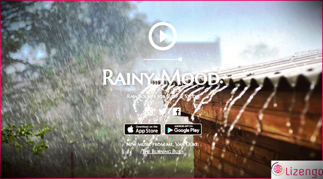 Capture d'écran d'un site Web avec un lecteur audio et une image de pluie