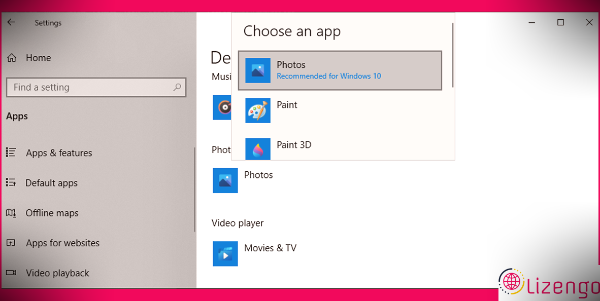 Définition de l'application par défaut pour les images dans Windows 10.