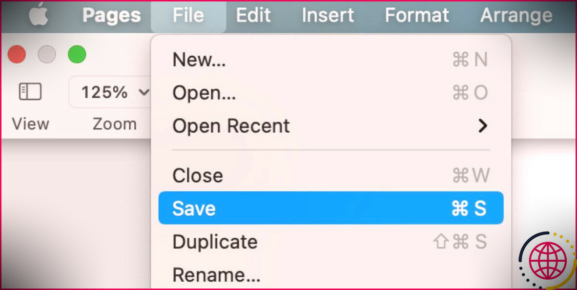 Option d'enregistrement dans Pages sur Mac