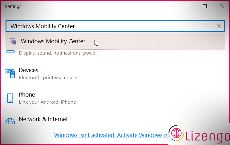 Ouverture du Centre de mobilité Windows à l'aide des paramètres système