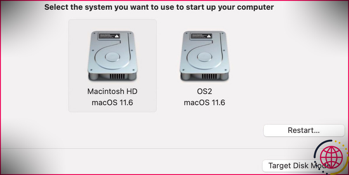 Préférences du disque de démarrage macOS avec Macintosh HD sélectionné.