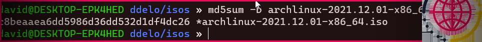 Sortie de la commande md5sum sur l'image ISO d'installation d'Arch Linux.