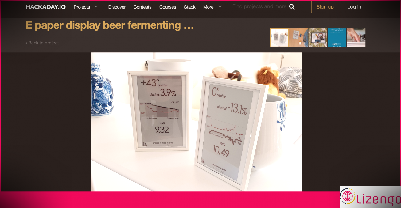 Une capture d'écran du site Web de Hackaday montrant une image de deux écrans à encre électronique avec des données de fermentation de la bière