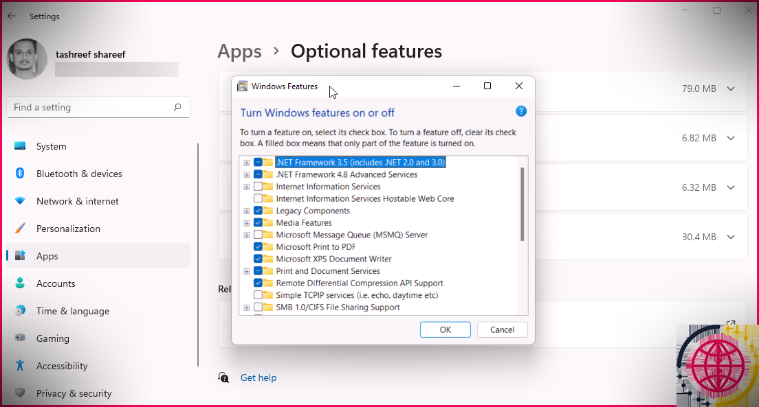 ajouter des fonctionnalités d'options Windows Terminal Windows 11 Boîte de dialogue Fonctionnalités Windows
