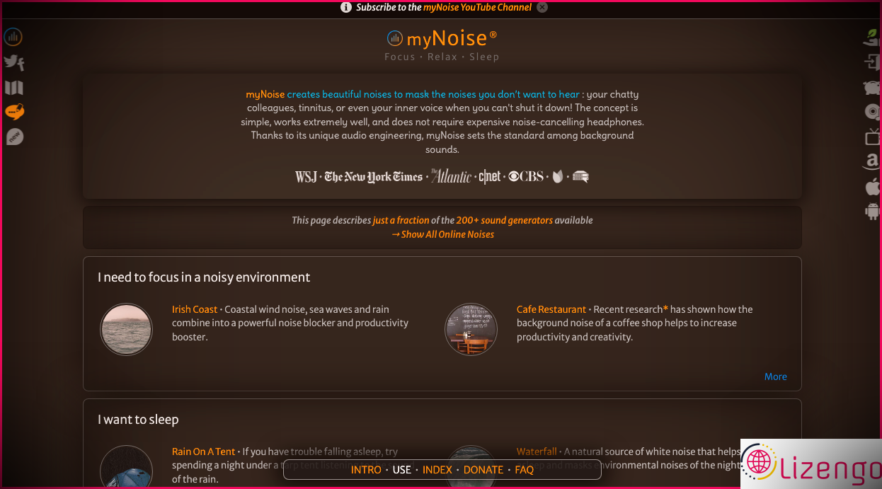 Capture d'écran d'un site Web avec une liste d'icônes et de texte sur le son