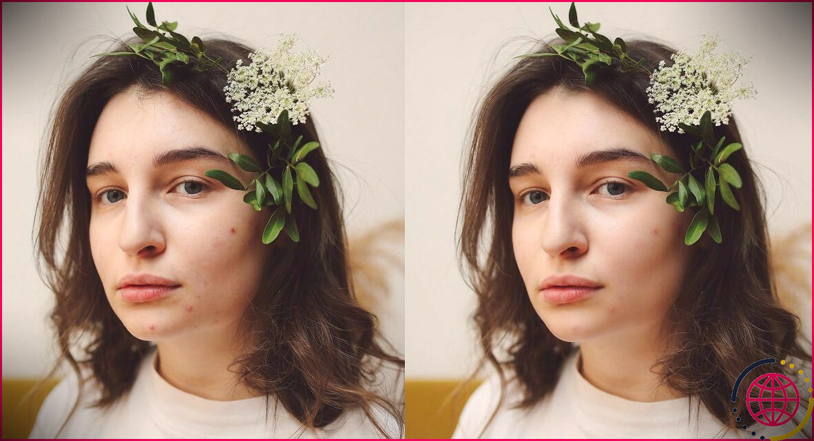femme avec des fleurs dans les cheveux - avant et après