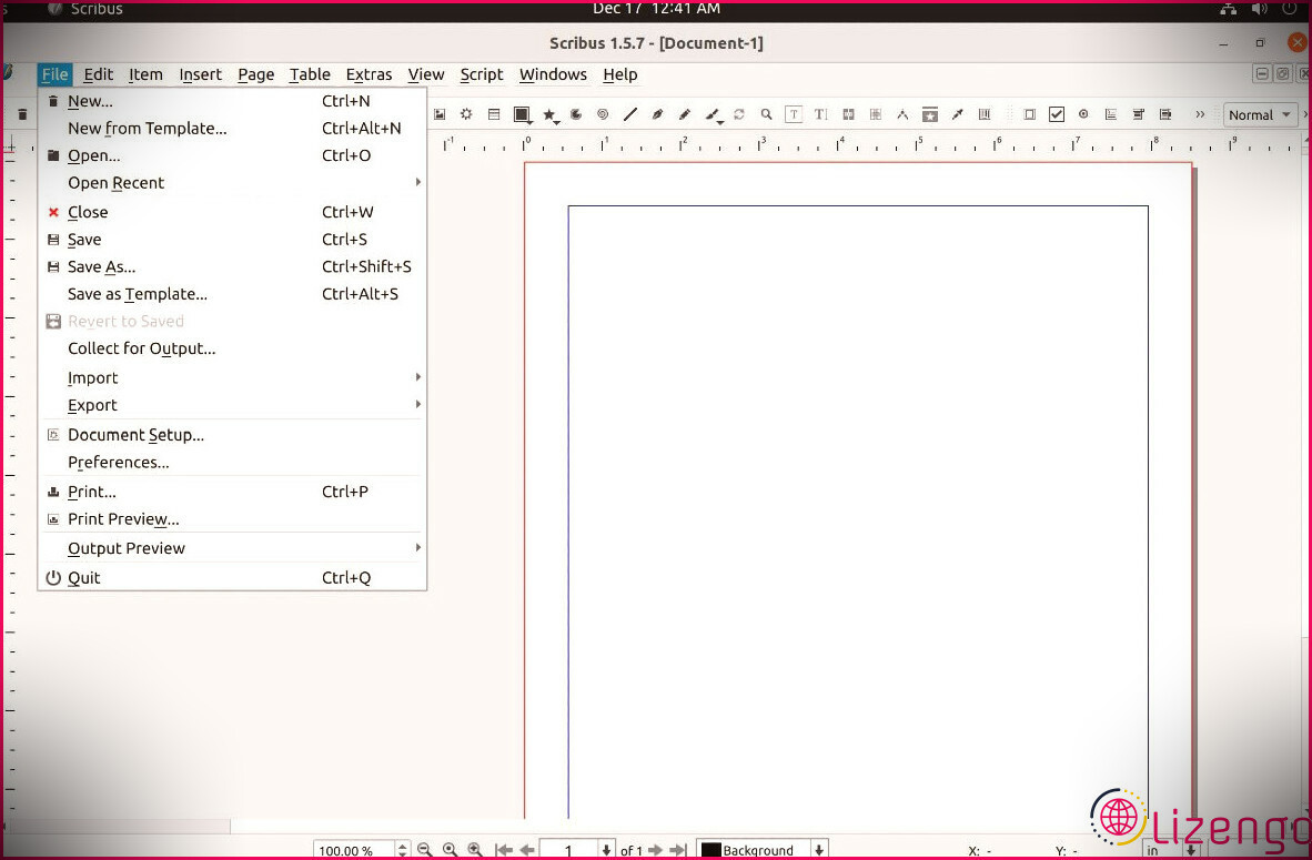 Interface de l'outil Scribus Linux