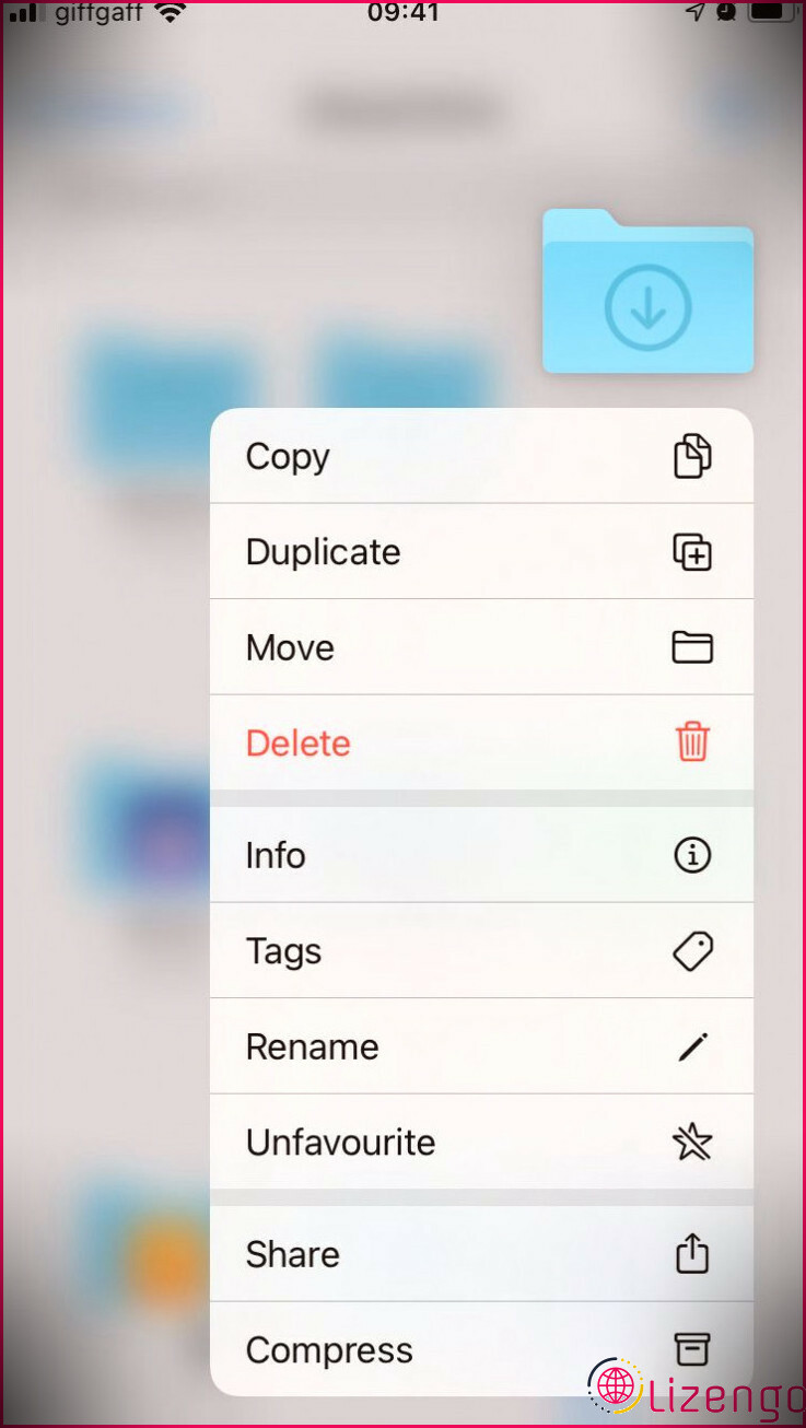 Menu d'action rapide iCloud Drive dans l'application Fichiers sur iPhone