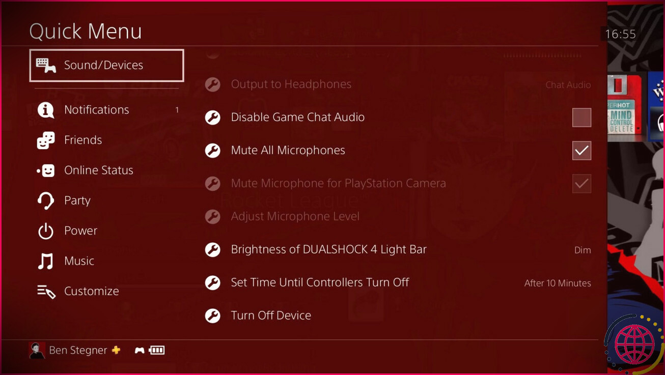 Niveau de batterie du menu rapide PS4