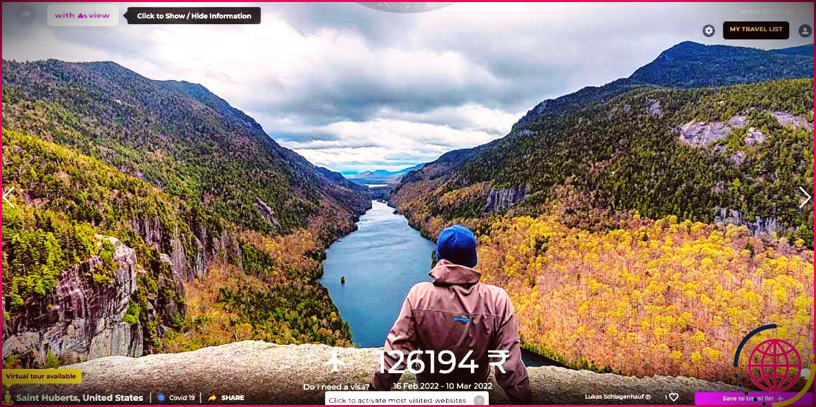 Tab With a View offre une nouvelle destination de voyage virtuelle chaque fois que vous ouvrez un nouvel onglet, ainsi que d'autres informations sur ce lieu 