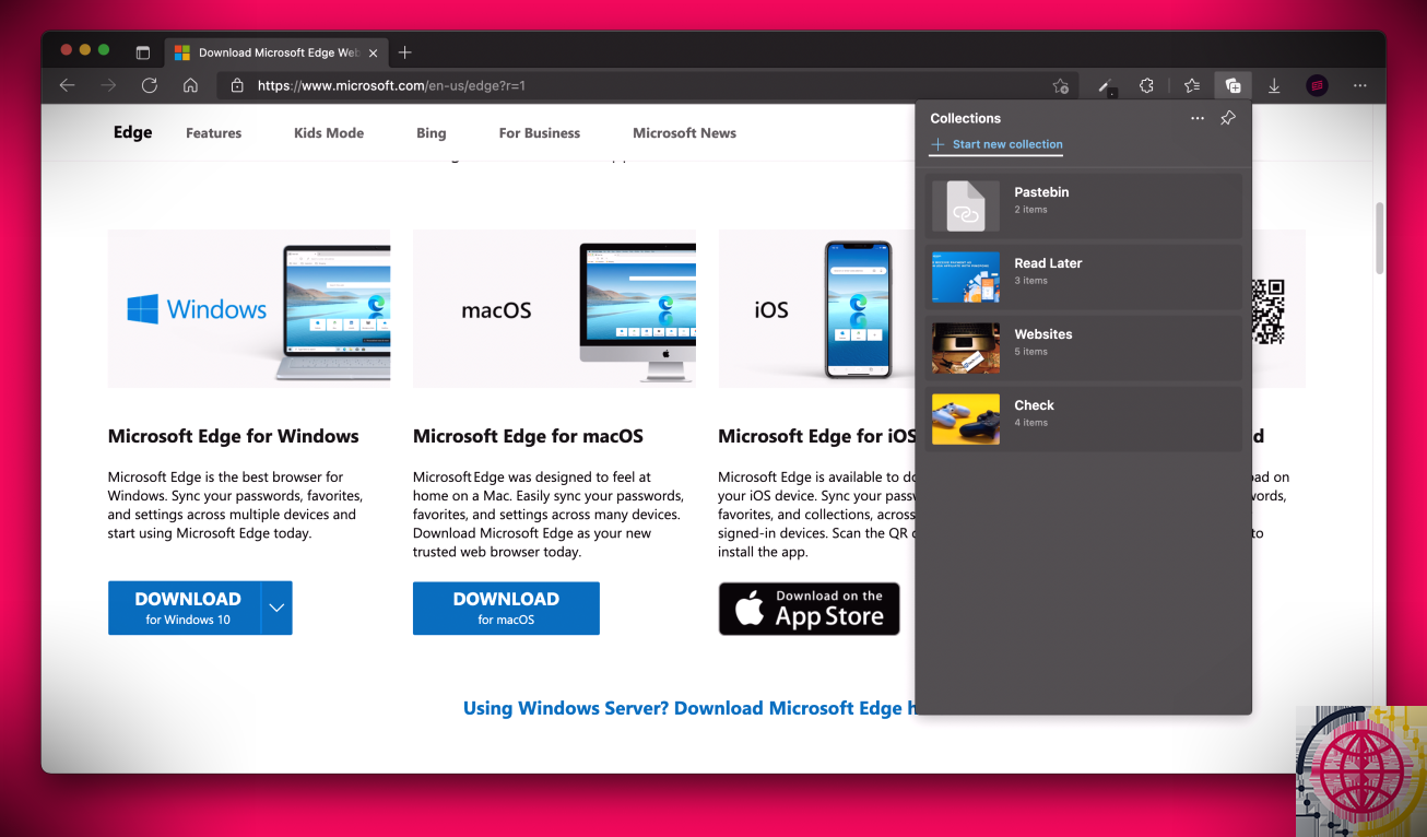 Onglet Collections dans Microsoft Edge