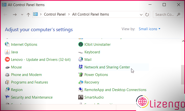 Ouverture de l'outil de connexion réseau Windows à l'aide du panneau de configuration