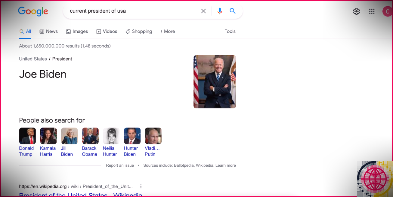 président actuel des états-unis sur la recherche google