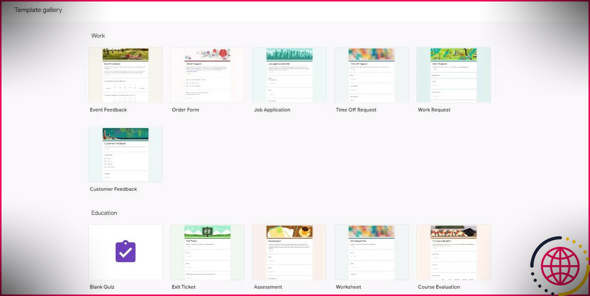 Un visuel montrant une variété de modèles de formulaires dans Google Forms