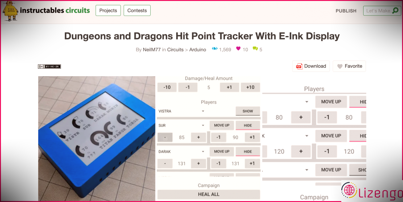 Une capture d'écran d'une page Instructables montrant un traqueur de points de succès DIY pour D&D à l'aide d'un écran e-ink, à côté de captures d'écran Android des statistiques des joueurs