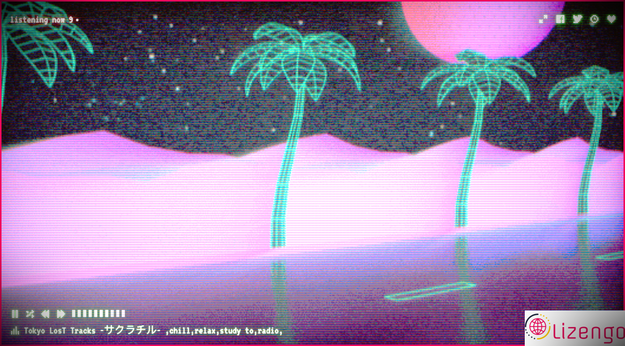 Capture d'écran d'un lecteur de musique avec des palmiers lumineux en arrière-plan