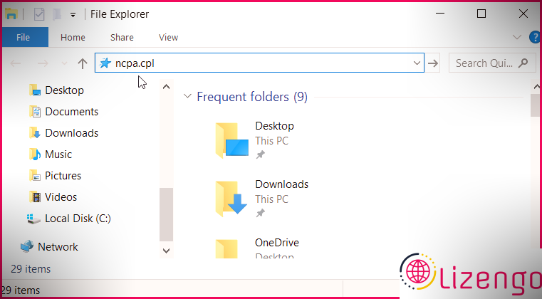 Ouverture de l'outil de connexions réseau Windows à l'aide de la barre d'adresse de l'explorateur de fichiers