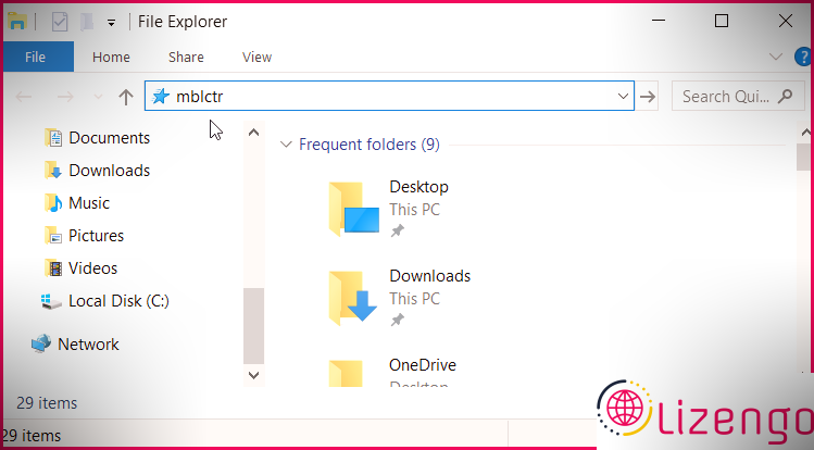 Ouverture du Centre de mobilité Windows à l'aide de la barre d'adresse de l'explorateur de fichiers