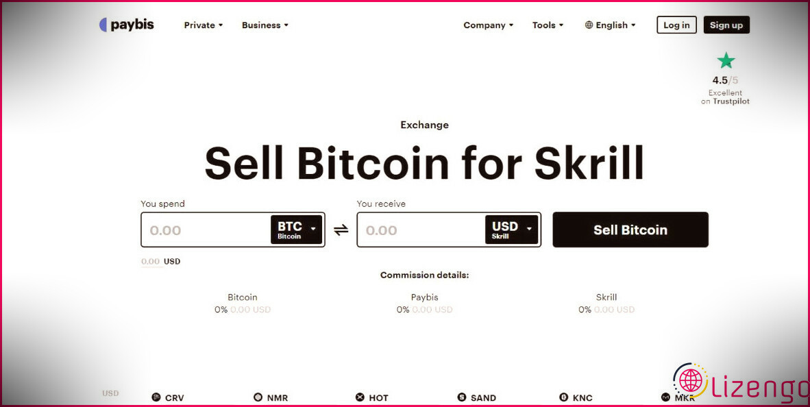 Une image de la plateforme d'échange Paybis BTC