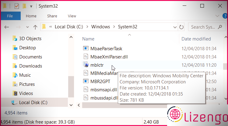 Ouverture du Windows Mobility Center via le dossier System32