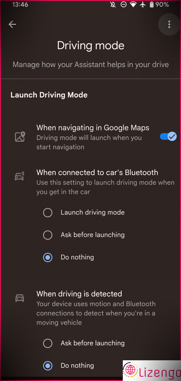 Options de lancement du mode de conduite automatique Android