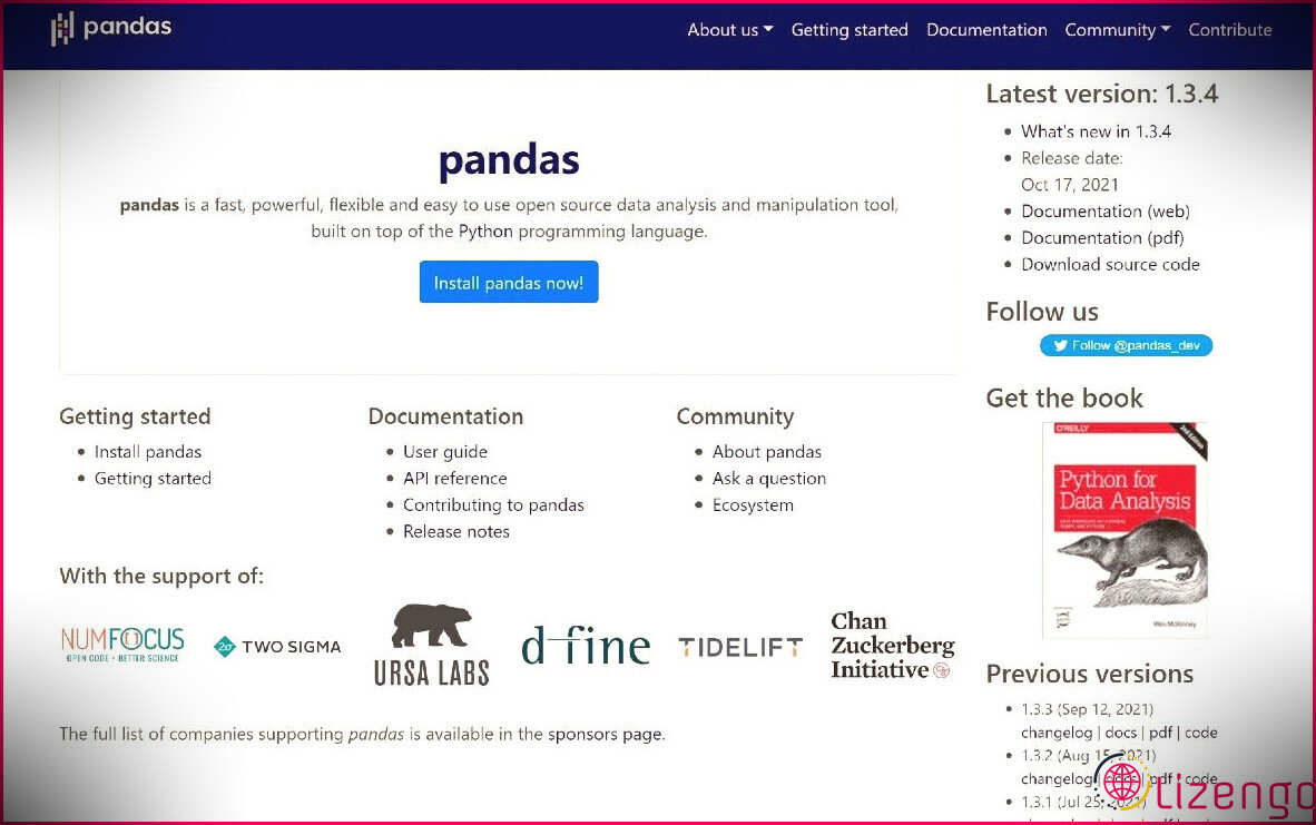 Interface du site Web des pandas