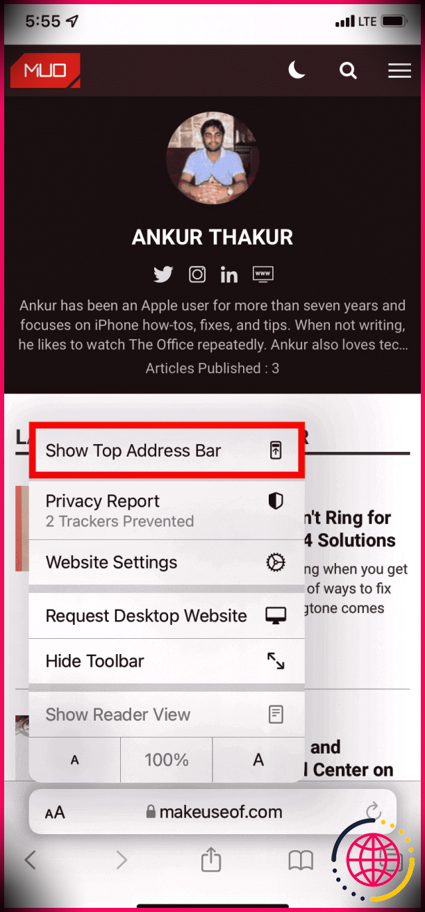 Appuyez sur Afficher la barre d'adresse supérieure pour déplacer la barre de recherche iOS 15 inférieure vers le haut