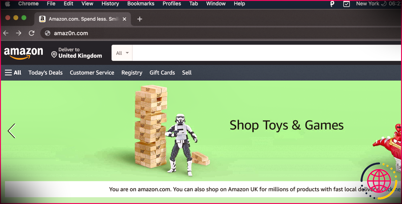 Capture d'écran du faux domaine Amazon