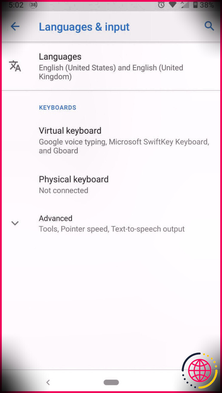 Capture d'écran du menu de saisie des langues Android