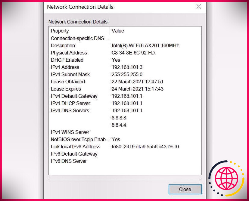 Détails de l'adaptateur réseau WiFi dans Windows 10