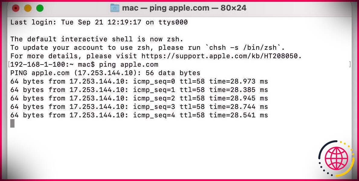 Fenêtre de terminal avec la commande ping en cours d'exécution.